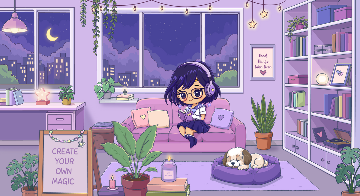 Cozy lavender illustrated studio with a maker reading on a sofa, a sleeping dog, and a Create Your Own Magic sign.