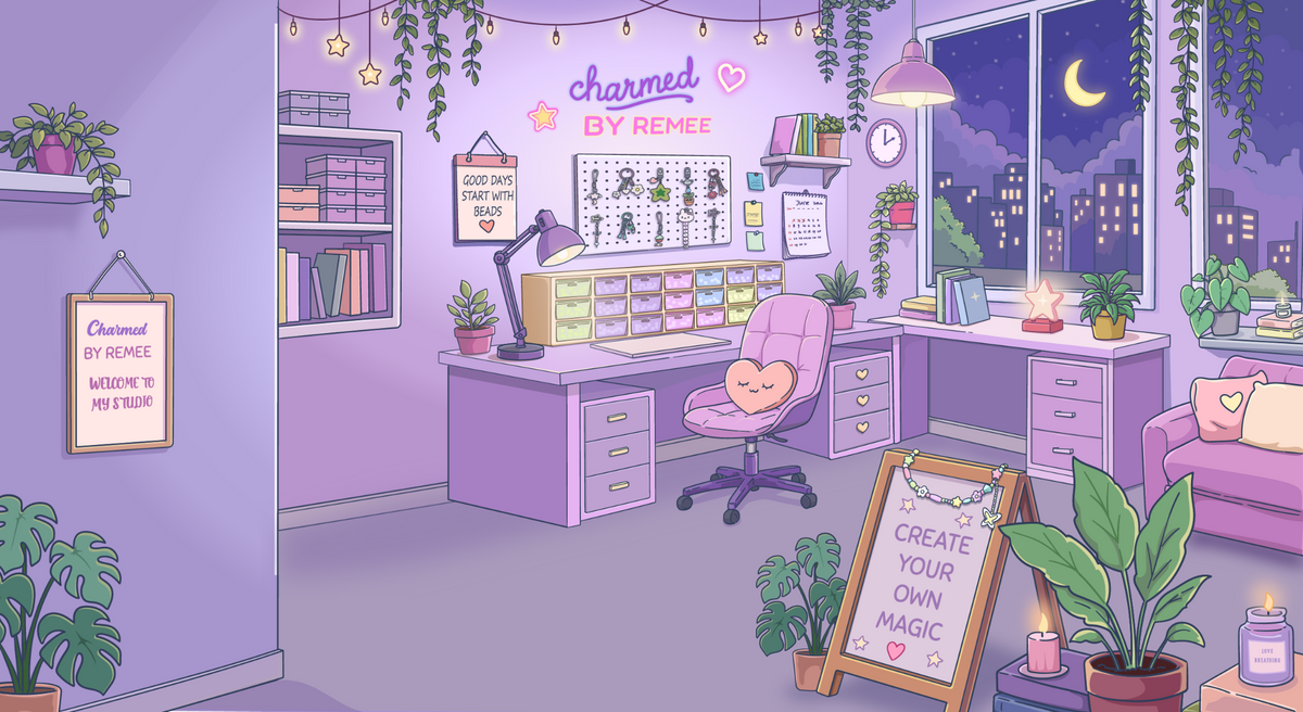 Pastel lavender Charmed by Remee crafting studio with charms, plants, and a nighttime city view.